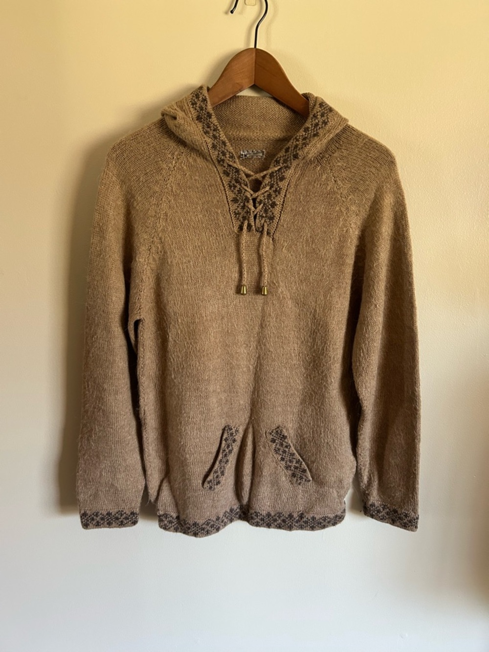 Alpaca Wool Blend Brown Boho Knit Hooded Sweater